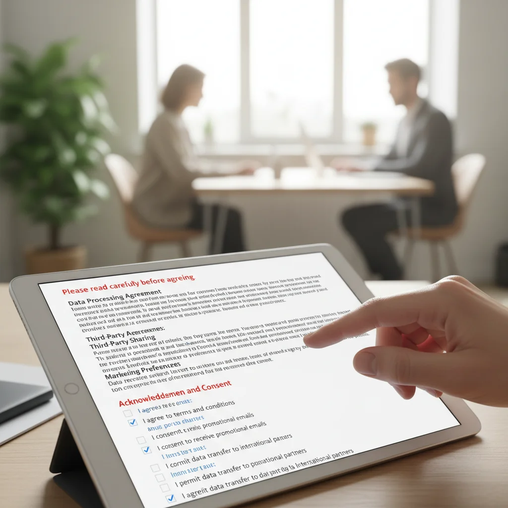 Hand holding tablet displaying detailed data consent form