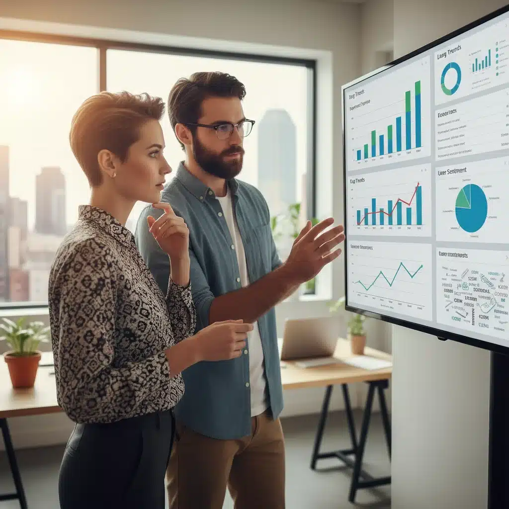 Product manager and lead tester analyzing data-driven feedback on a large monitor