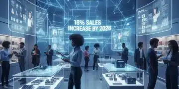 Modern retail store with data visualizations and shoppers, symbolizing data-driven merchandising and sales growth.