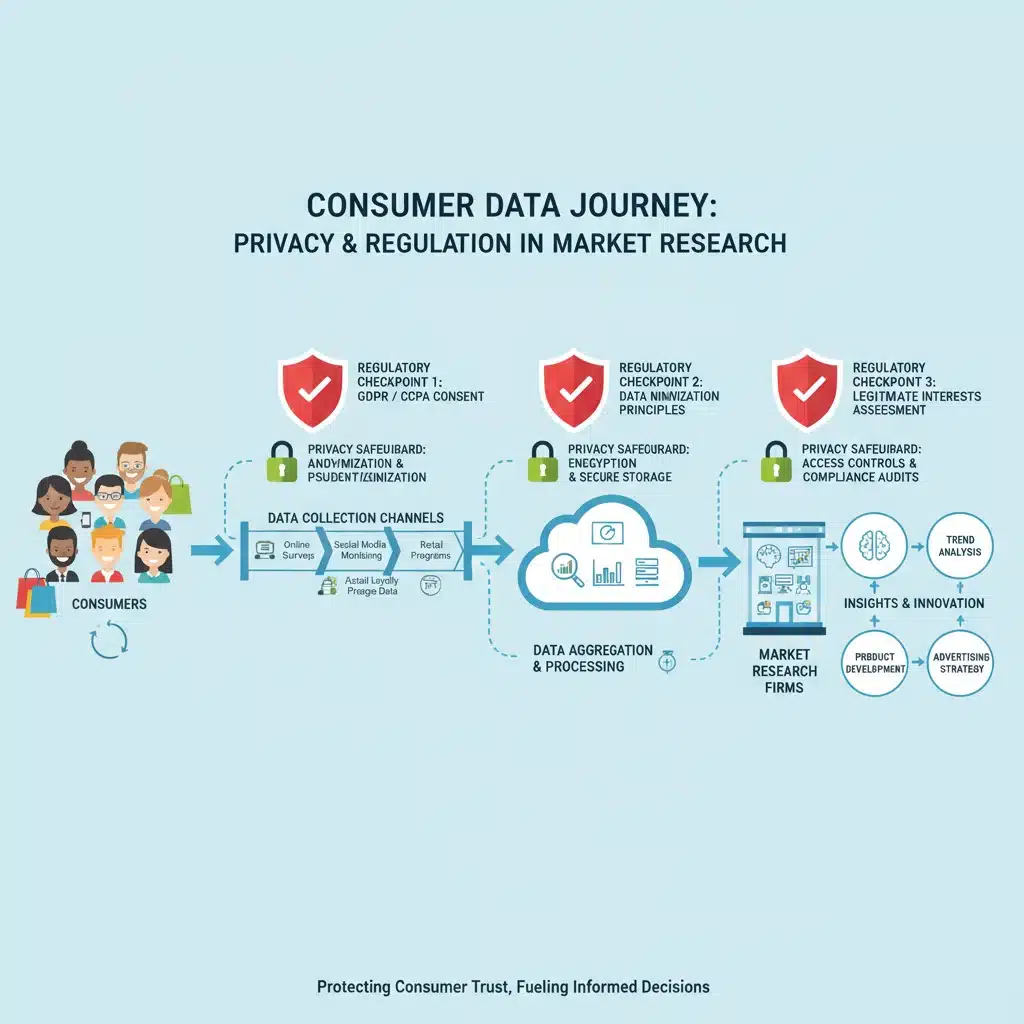 Infographic showing data flow and regulatory checkpoints in market research