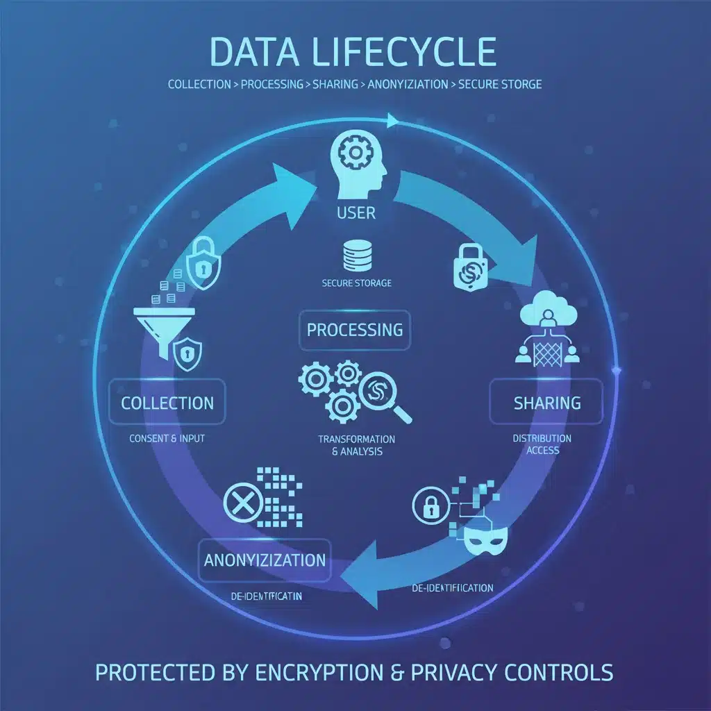 Infographic depicting the lifecycle of personal data with security icons