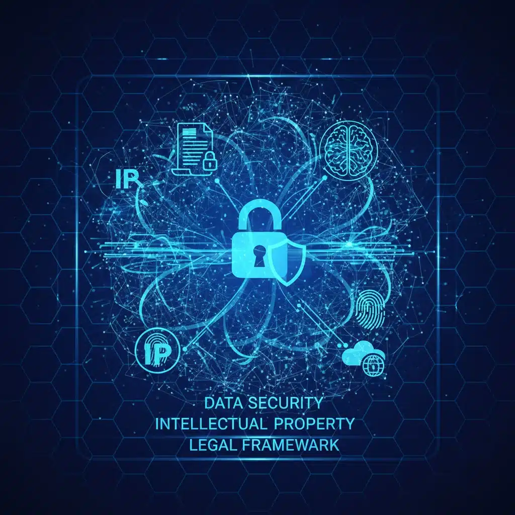 Digital representation of data security and intellectual property protection within a legal framework.