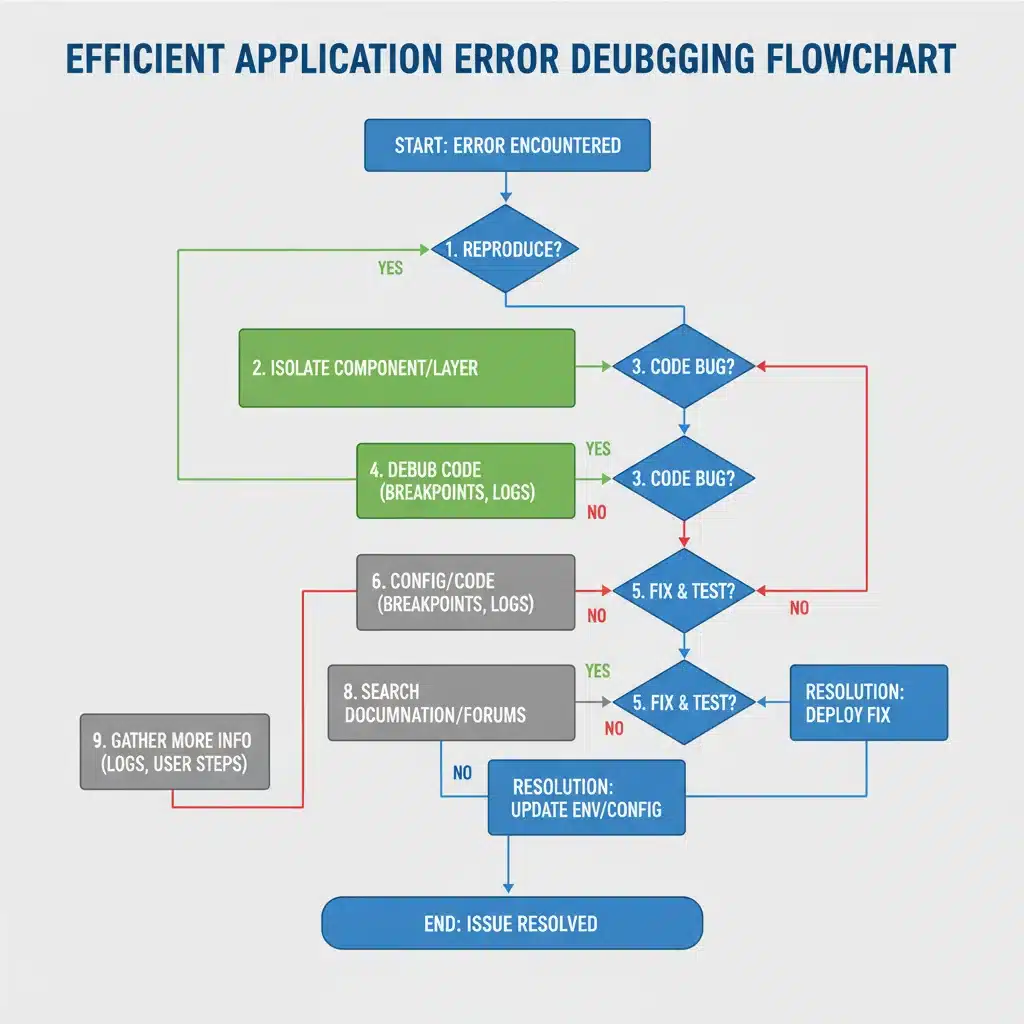 Debugging flowchart for common application errors during product testing.