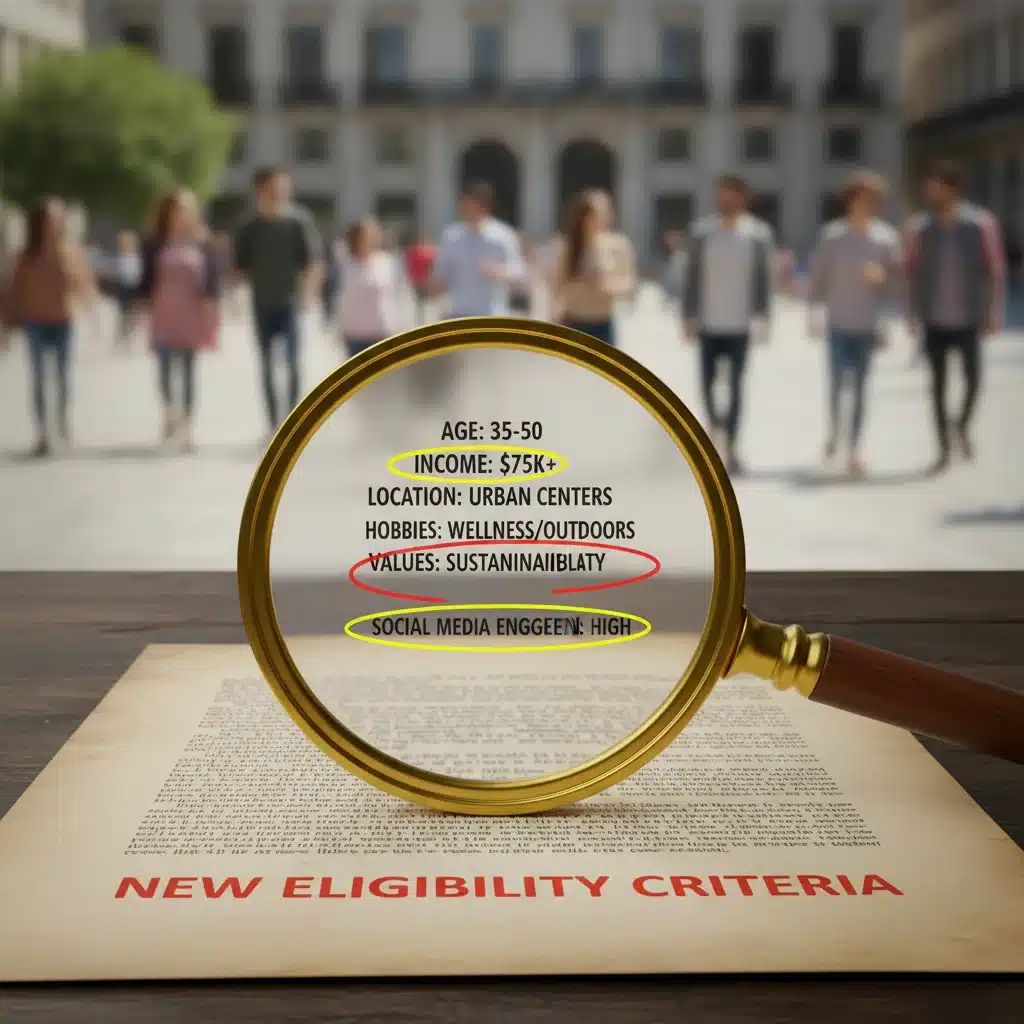 Magnifying glass examining detailed demographic and psychographic data for consumer panel eligibility.