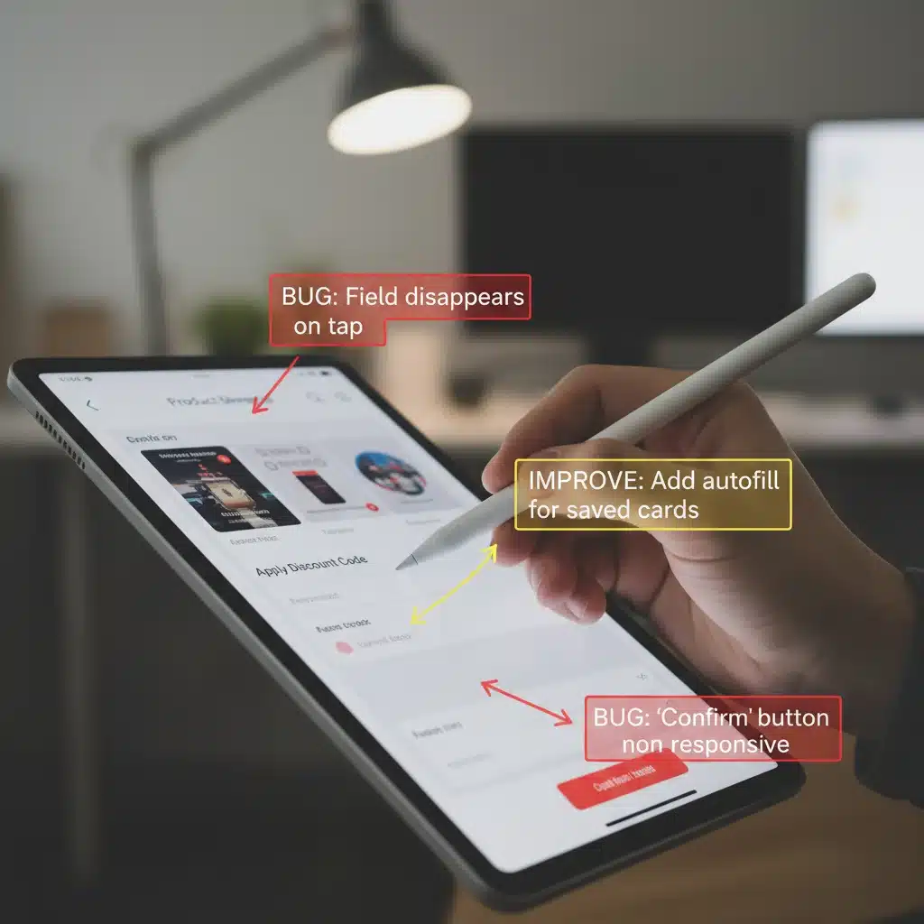 Hand with stylus providing detailed, annotated feedback on a digital product interface