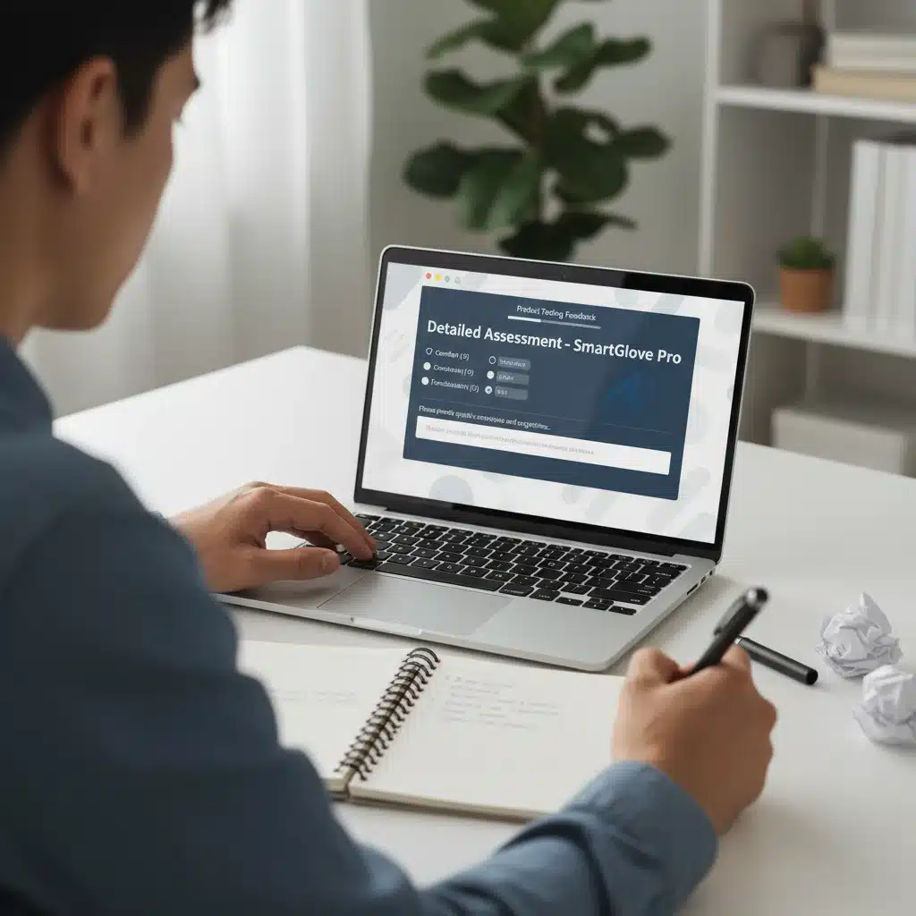 Person providing detailed feedback on a product testing survey on a laptop.