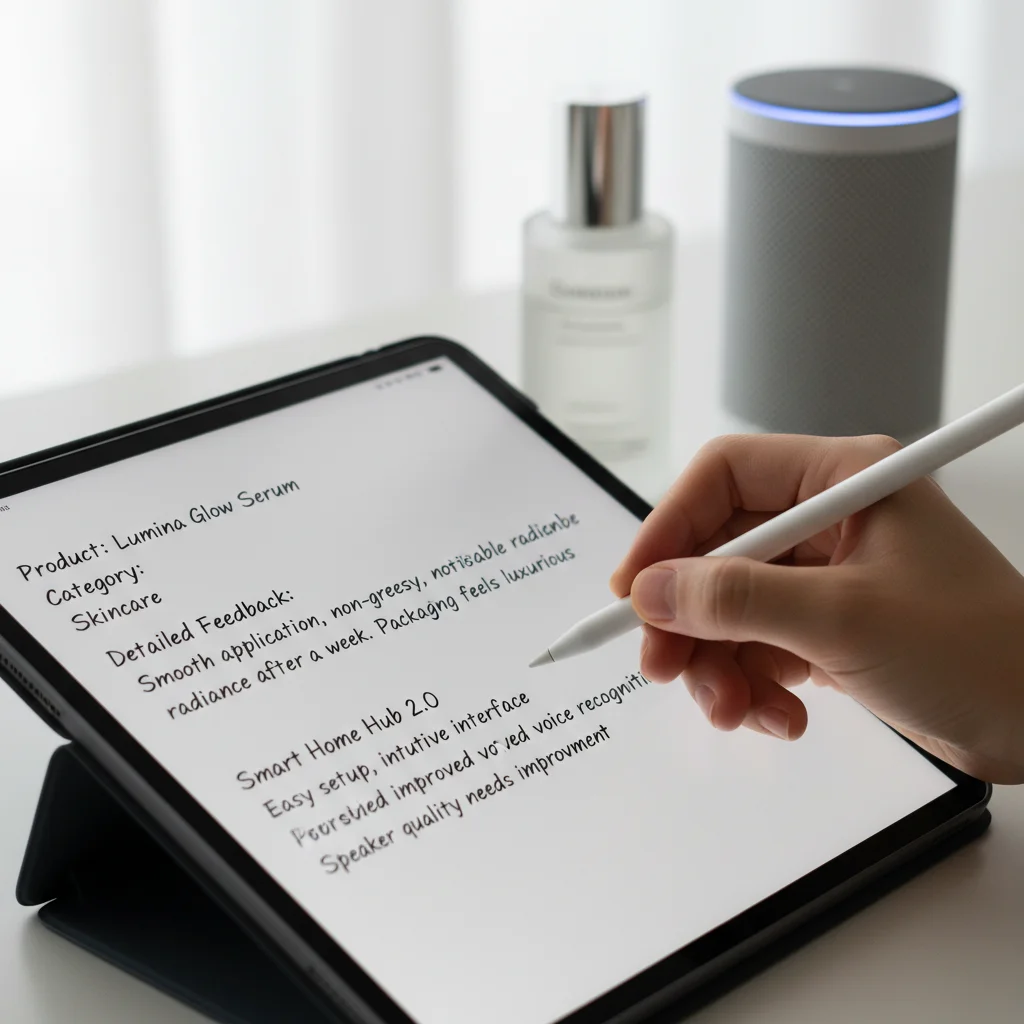 Hand writing detailed product review on tablet