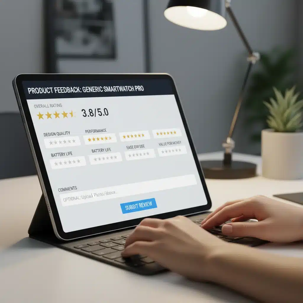 Detailed product review form on a tablet screen with hands typing feedback