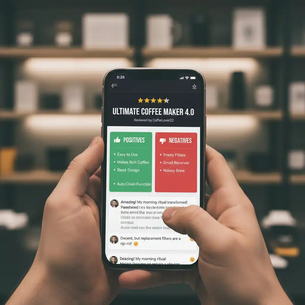 Smartphone displaying detailed product review with star ratings and user comments