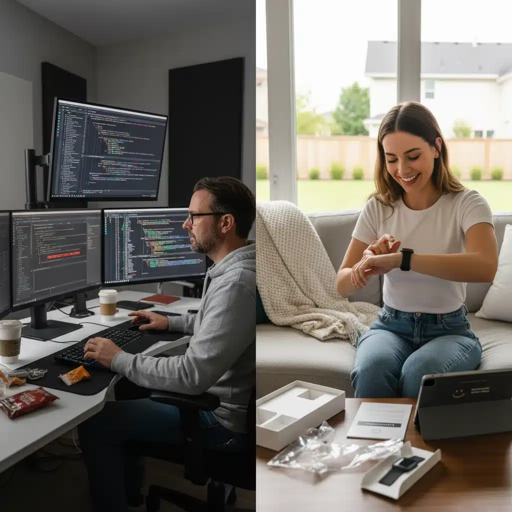 Developer debugging code and consumer unboxing a new gadget