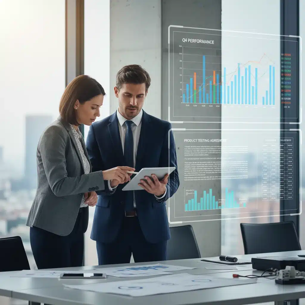 Professionals discussing digital product testing contract terms and conditions.