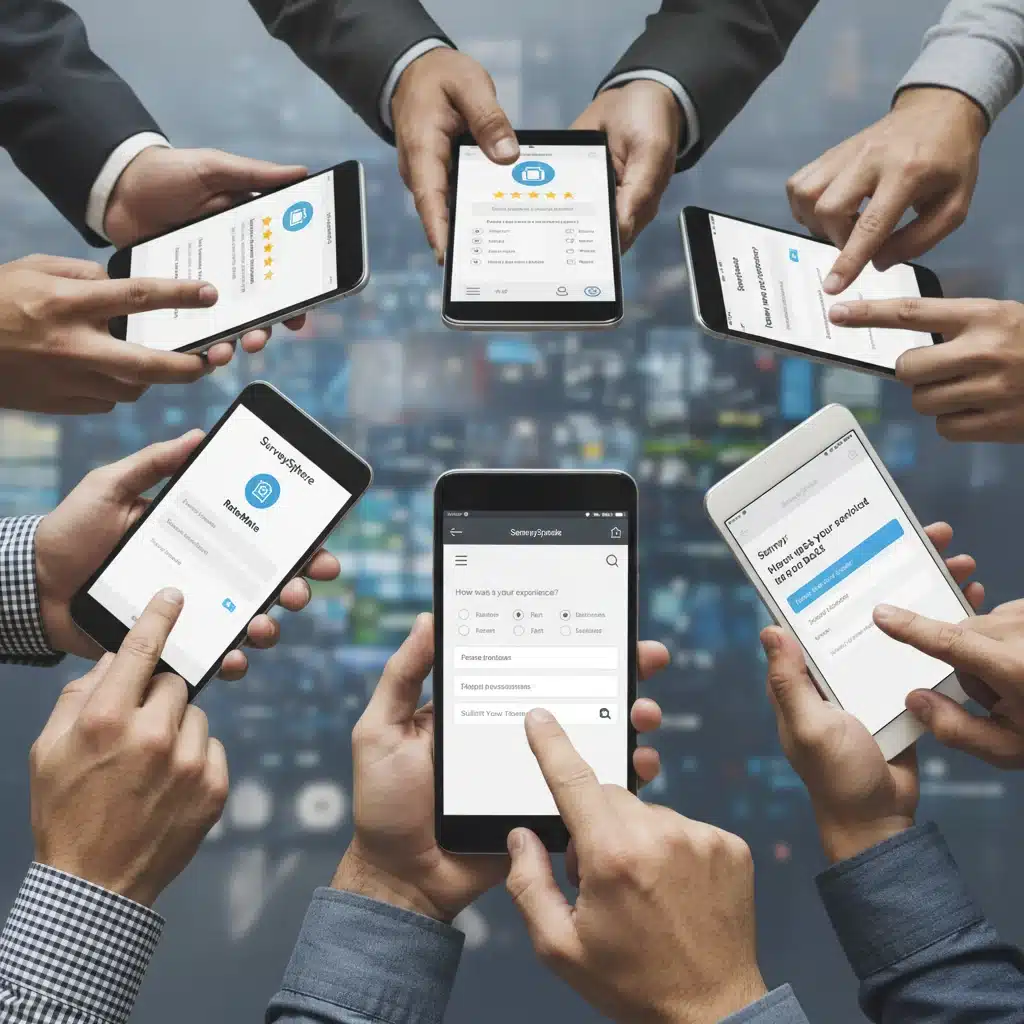 Hands holding smartphones and tablets, actively participating in online surveys and providing digital feedback.