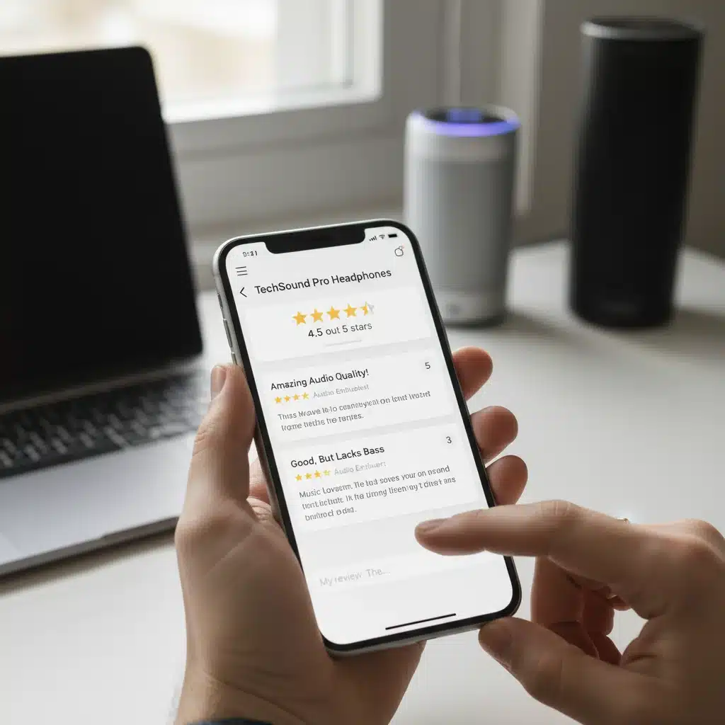 Hand writing a detailed product review on a smartphone, emphasizing digital feedback and transparency.