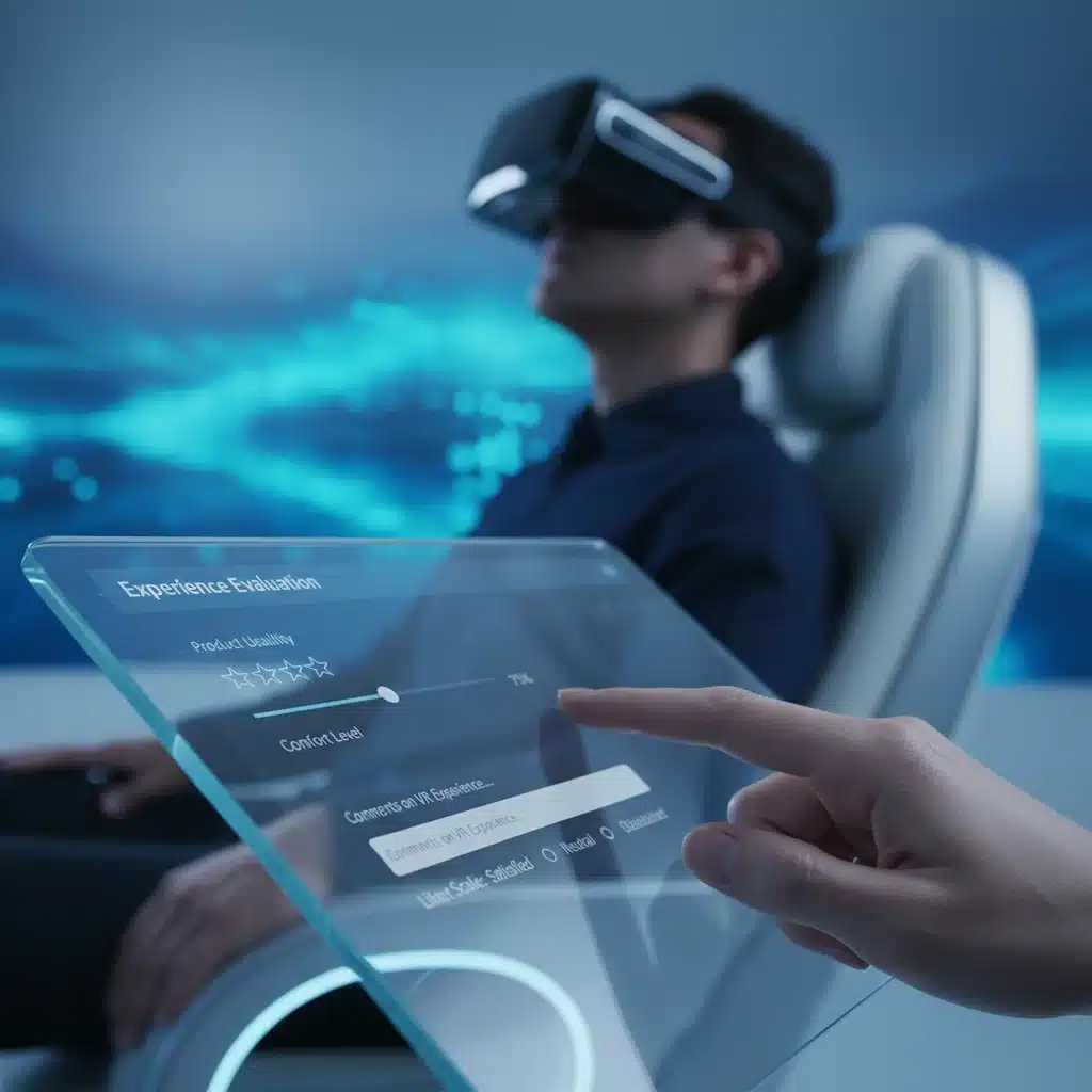 Hand holding tablet with feedback form, person in VR goggles testing product.