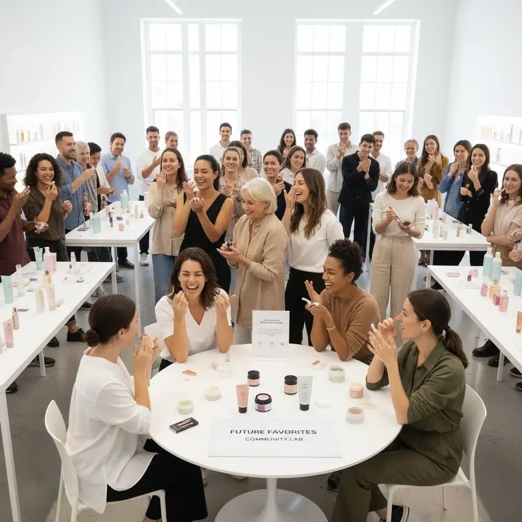 Diverse group testing new beauty products with enthusiasm and focus.