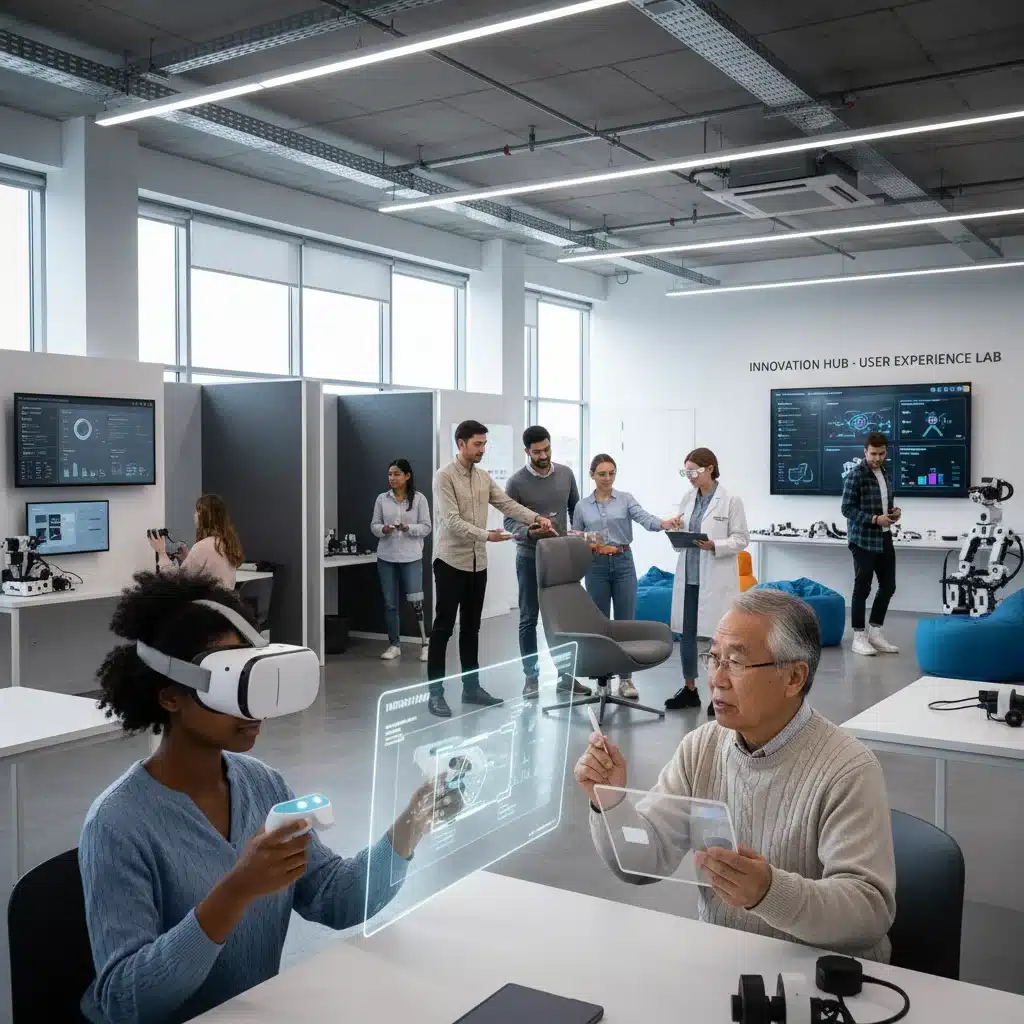 Diverse consumers actively participating in product testing sessions, providing feedback on various prototypes.