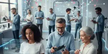Diverse group of people actively testing various new products in a modern, collaborative environment, with digital data overlays.