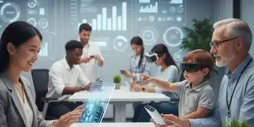Diverse individuals testing innovative tech products in a modern lab setting, providing feedback.