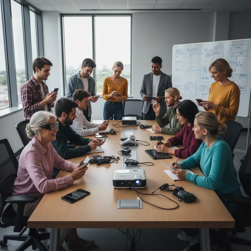 Diverse group of product testers collaborating on new tech devices