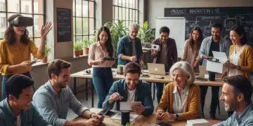 Diverse testers interacting with new products in a modern setting