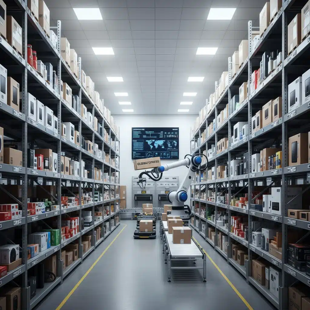 Automated warehouse logistics for international e-commerce order fulfillment.
