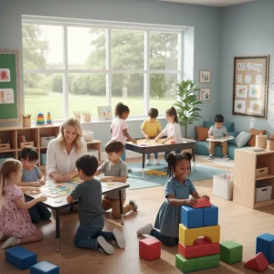 Children learning in a bright, modern Pre-K classroom with an educator.