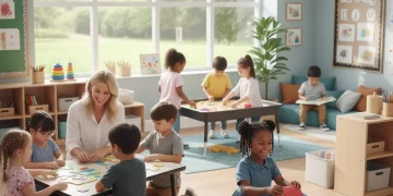Children learning in a bright, modern Pre-K classroom with an educator.