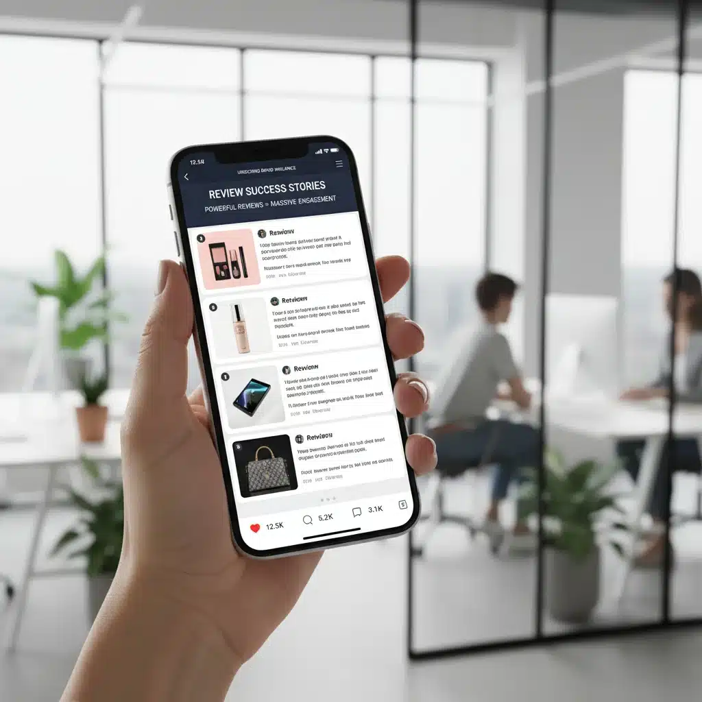 Smartphone displaying engaging product reviews on a social media feed