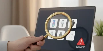 Person examining product testing opportunities on a laptop for scams.