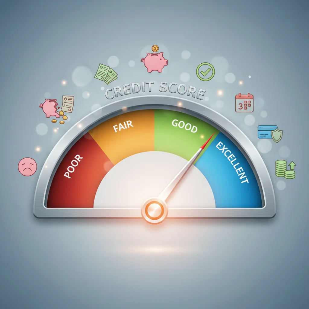 Credit score meter showing excellent rating with financial icons