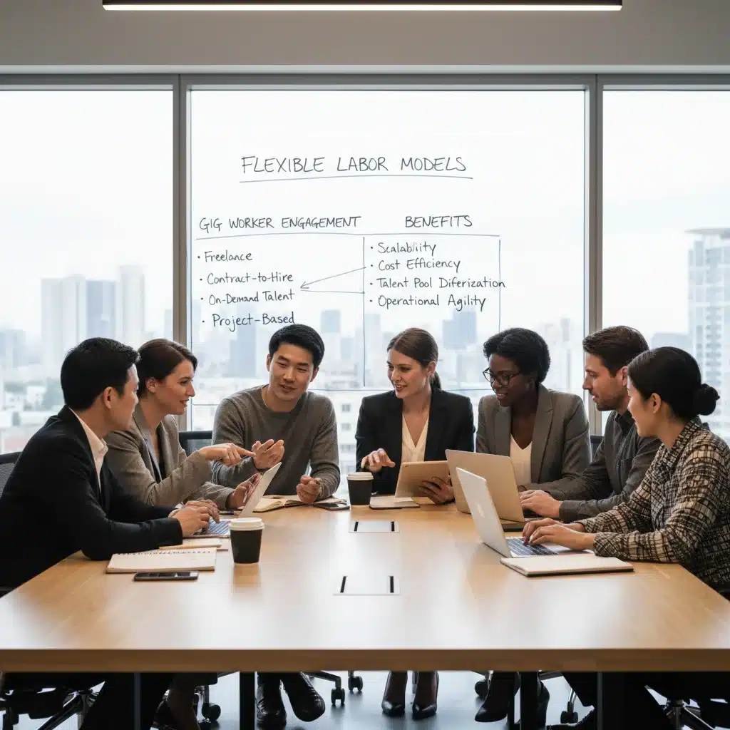 Retail managers and HR discussing flexible labor strategies for gig economy integration.