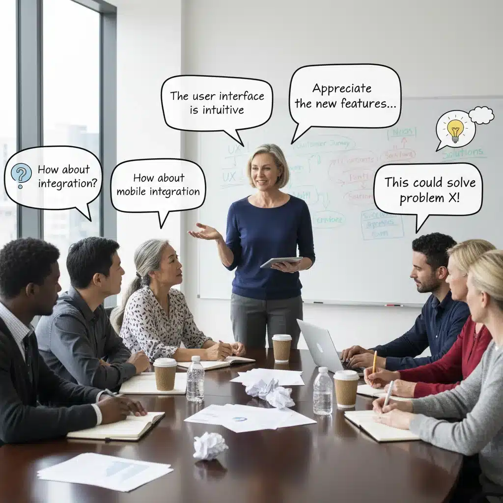 Diverse professionals participating in a focus group, sharing qualitative feedback and ideas.