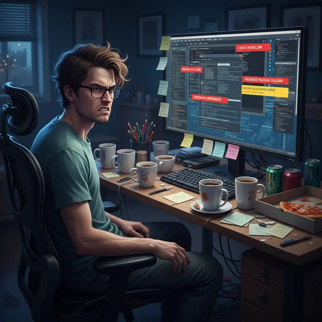 Frustrated product tester managing overwhelming data on a computer screen.