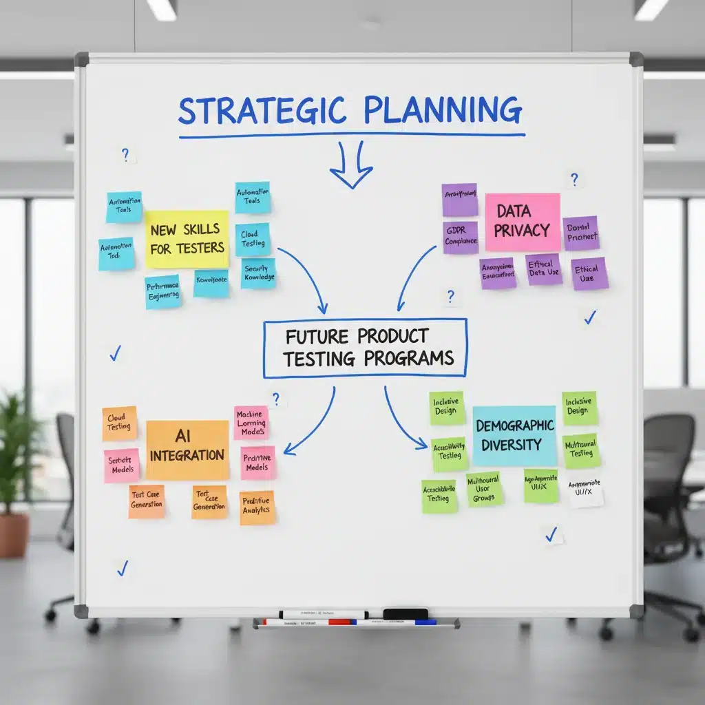 Whiteboard with strategic notes on new product tester skills and requirements.