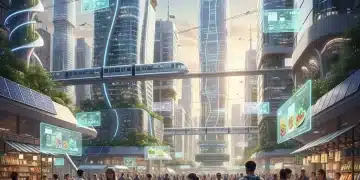 Consumer Behavior 2026: 4 Major Shifts in US Spending & Brand Adaptation Futuristic cityscape with diverse consumers interacting with technology and sustainable products, symbolizing evolving spending habits.