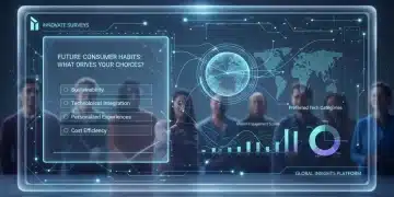 Futuristic digital survey interface with data visualizations and global consumer representation.