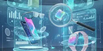 Futuristic product testing environment with digital analysis and innovative products.