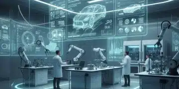Futuristic lab with holographic displays and robots performing product tests