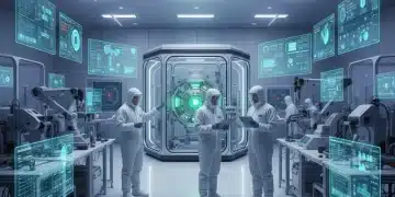 Engineers in a futuristic lab conducting advanced product testing for 2026 policies