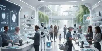 Futuristic retail store with AI, robotics, and IoT automation improving customer experience.