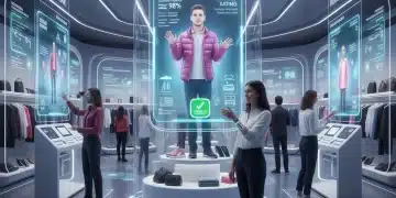 Futuristic retail store with AR displays showcasing proactive returns prevention.