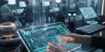 Person testing a sleek, futuristic tablet, surrounded by high-tech gadgets on a modern desk.