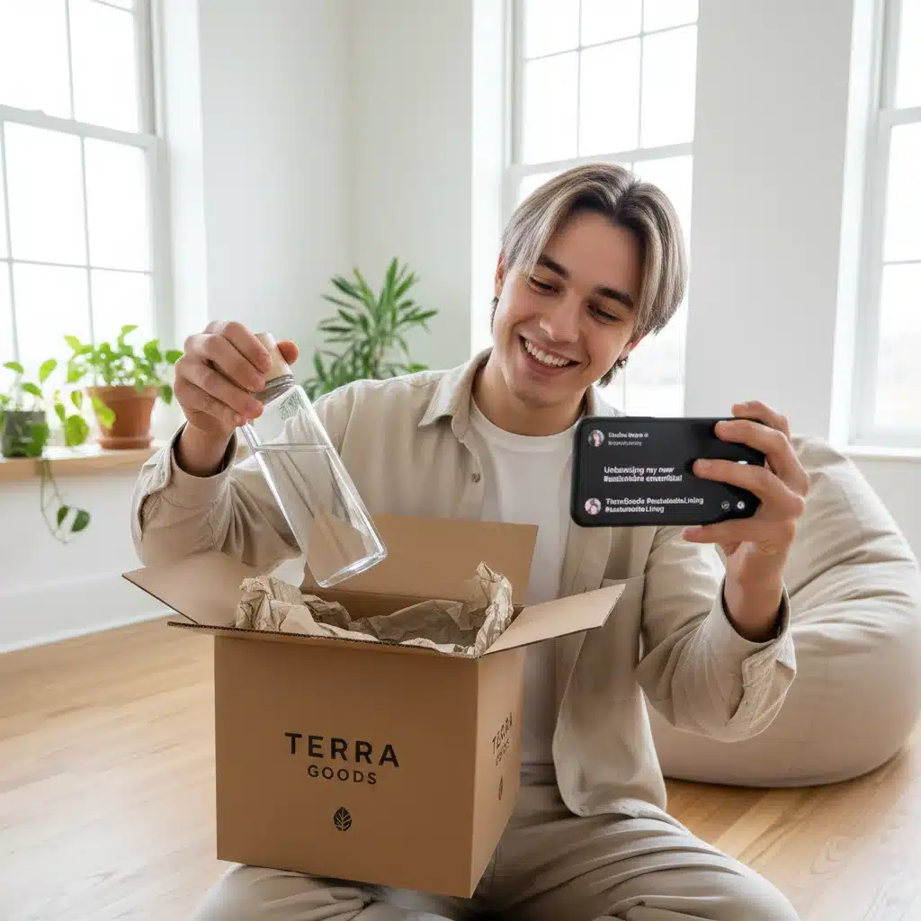 Gen Z consumer unboxing a product, engaging with social media, highlighting authenticity.