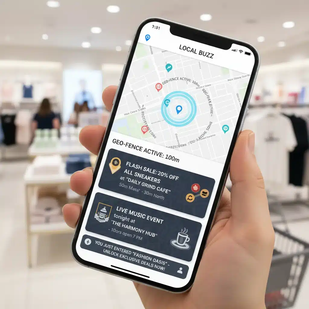 Smartphone displaying hyper-local marketing app with geo-fencing offers.