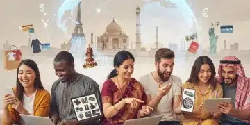 Diverse shoppers engaging in international online purchases on various devices, representing global e-commerce.