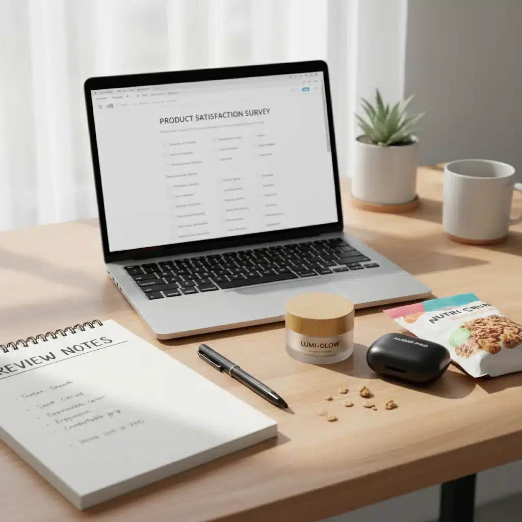 Home office with product testing survey and samples