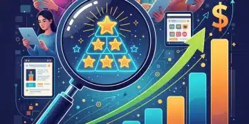 Magnifying glass over five-star reviews impacting rising consumer spending charts digitally