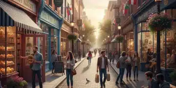 Bustling street with local retail stores, emphasizing community engagement and hyper-local marketing.