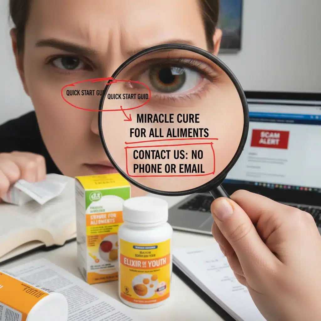 Person identifying scam red flags on product packaging