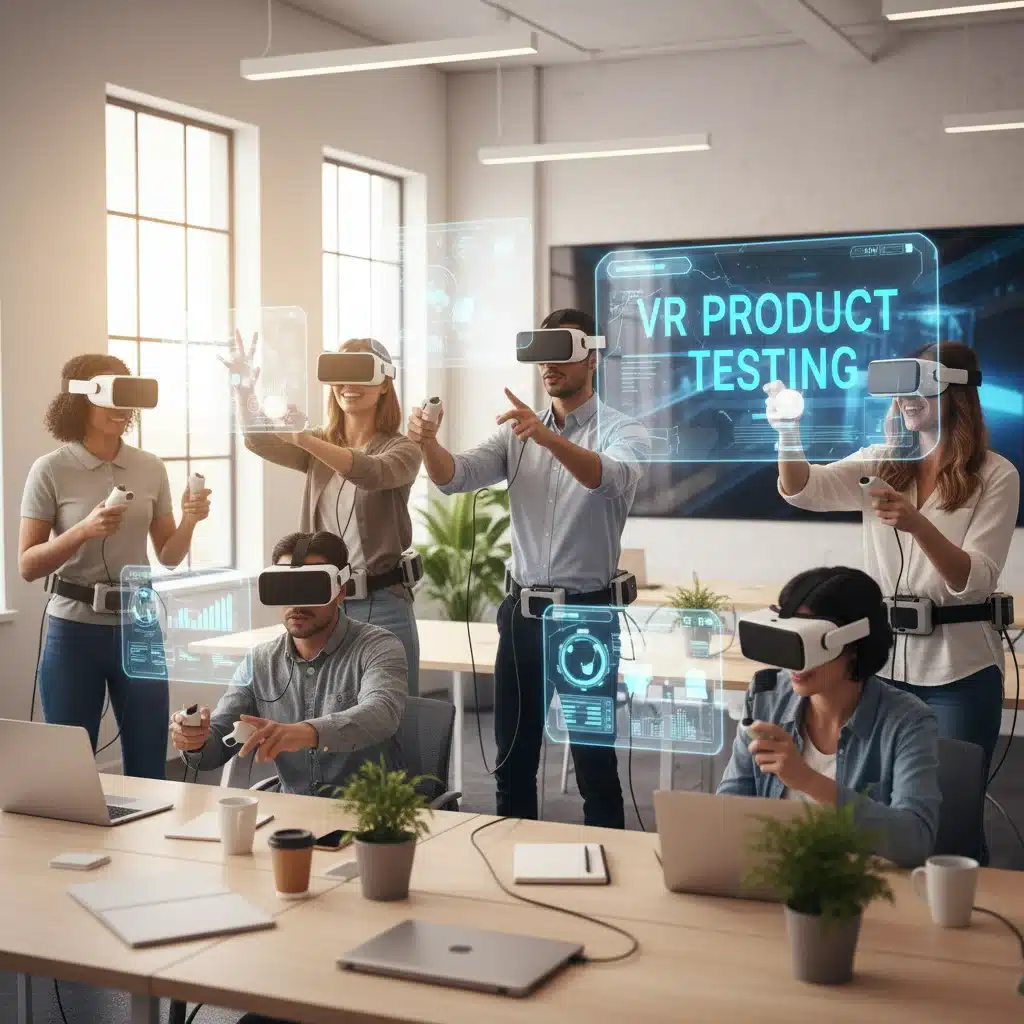 Diverse group in VR headsets conducting immersive virtual reality product testing.